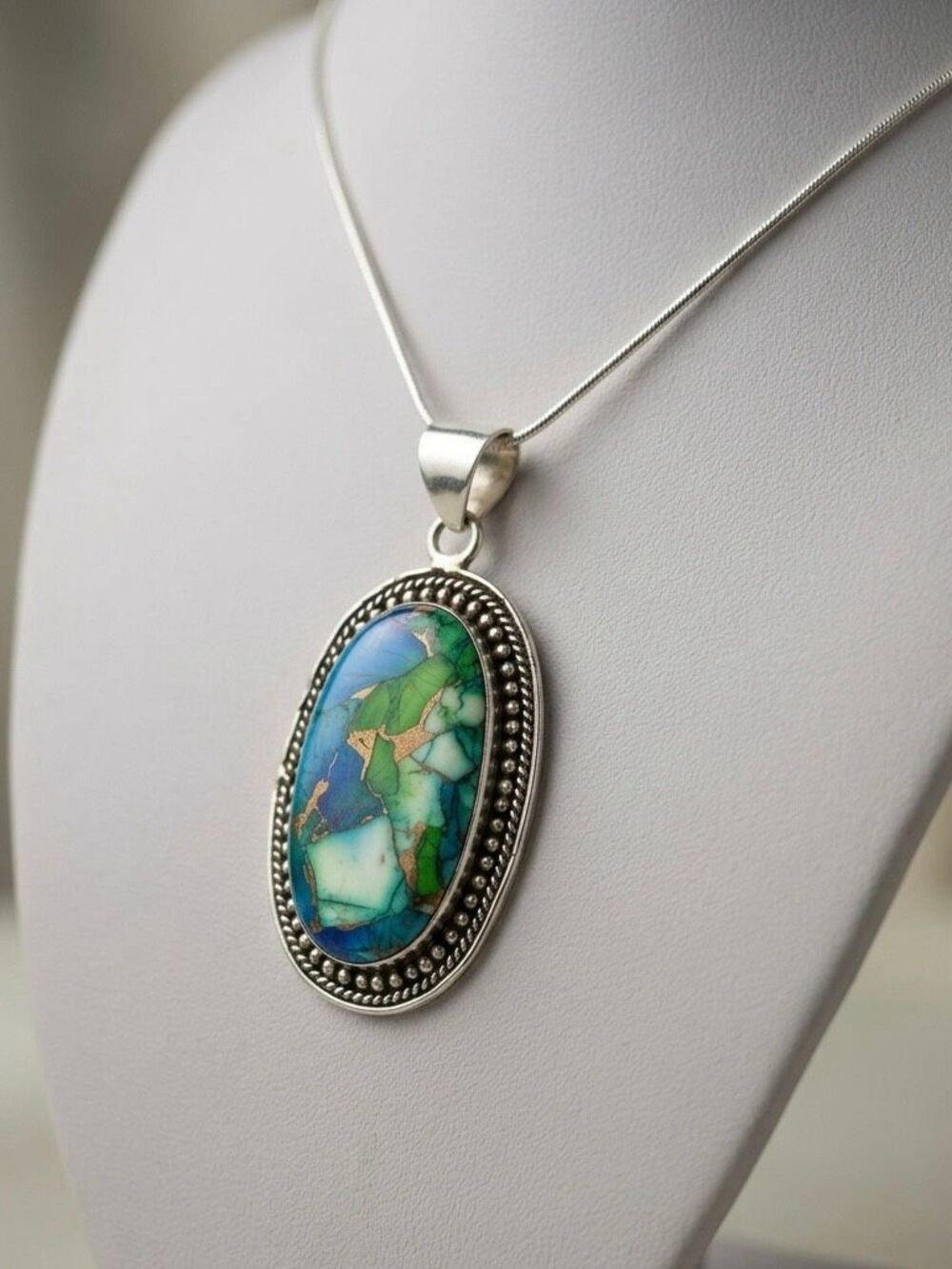 Southwestern Silver Peacock Dahlia Turquoise Oval Pendant Necklace New